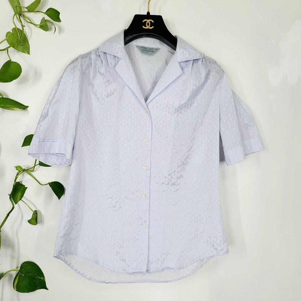 Womens Camp Shirt Womens MEDIUM 8 Blue Geometric Dobby 80s USA Made COBBLE LANE